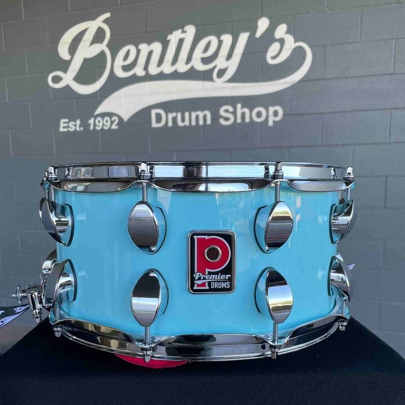 ~NEW~ Premier Elite Maple/Birch Hybrid 6.5×14 Snare Drum in Baby Blue Lacquer