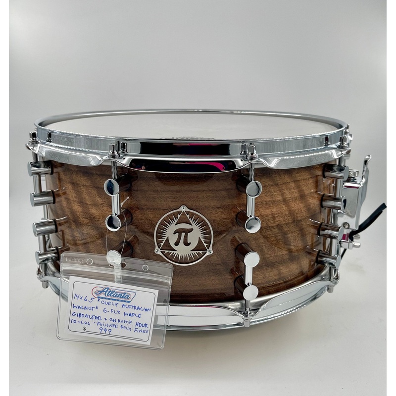 Pi Drum Company 14″ x 6.5″ *Curly Austrailian Walnut* 6-Ply Maple Snare